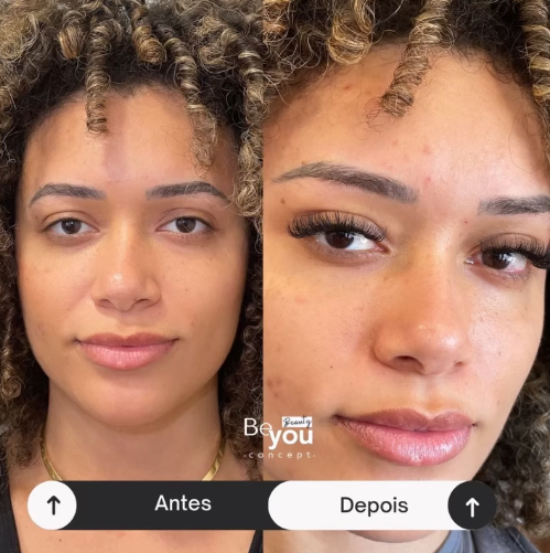 Antes e depois de extensão de pestanas, cliente real Be You Concept Beauty